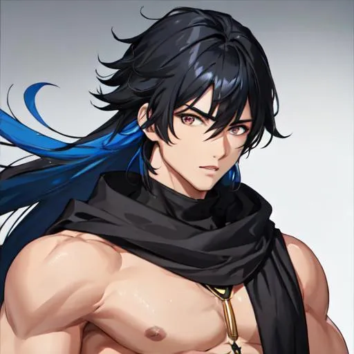 Prompt: Male (black hair in the front blue hair in the back) (brown eyes) buff, muscular. UHD, 8K, highly detailed