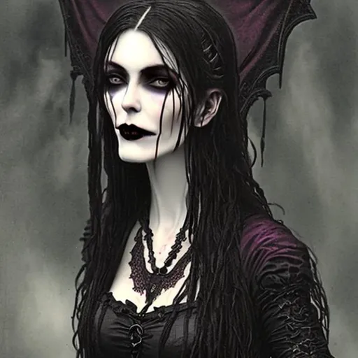 Prompt: victorian gothic gaunt vampiress creature
