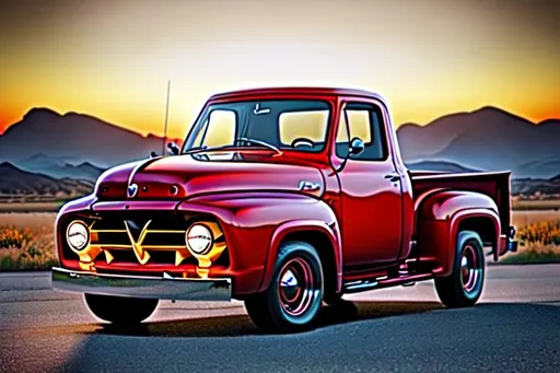 Prompt: A 1953 Ford F-100 being driven by a man wearing a cowboy hat
