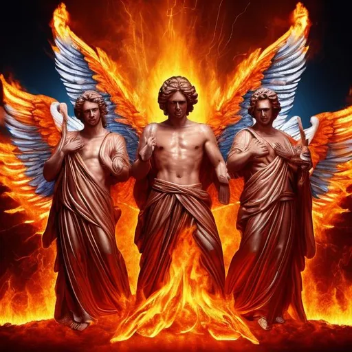 Prompt: 3 powerful male angels, with bitcoin details all around, in fire that is red,blue and white
bitcoin logos
