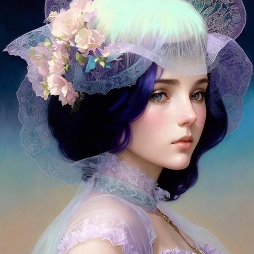 Prompt: Beautiful young victorian/renascence/art nouveau girl, pastel translucent clothes, impeccable hair, powerfull, vivacious realistic eyes, complex, porcelain skin, chiaroscuro, by Magali Villeneuve, Bisson, Rebecca Guay, Jeffrey Catherine Jones, Kim jung gi, Frank frazetta, Stanley Artgerm, Audrey Kawasaki