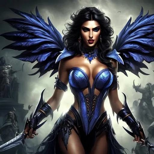 Prompt: HD 4k 3D 8k professional modeling photo hyper realistic beautiful evil twin women ethereal greek goddesses of violent death Keres
dark blue hair dark eyes one with fangs one with claws gorgeous face dark brown skin large black feathered wings full body surrounded by magic  hd landscape background two twin Keres on bloody battlefield