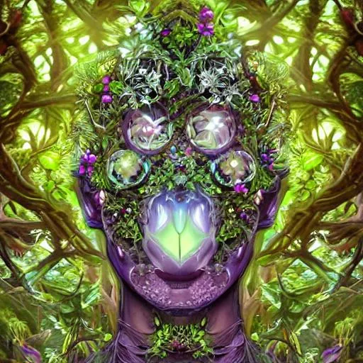 Prompt: ((Breathtaking high quality)) ((photorealistic digital art portrait)) of a mysterious hybrid creature, a fusion of ((floral)) and ((mechanical)) elements, wandering through an enchanted forest of bioluminescent trees and glowing plants. This unique being, with a body covered in lush foliage and intricate gears, has radiant eyes that emit a soft, mesmerizing light. It explores the surreal landscape, a realm where nature and technology coexist harmoniously. Delicate flowers intertwined with polished metal vines form a fascinating, intricate pattern on the creature's skin. High detail, UHD 4k wallpaper, by Josephine Wall, Josan Gonzalez, Liam Wong, and Ferdinand Knab, Pinterest model portrait.