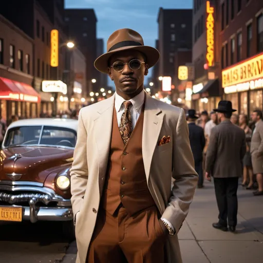 Prompt: In a bustling city street, Leroy Brown stands out with his stylish hat, flashy clothes, and confident swagger. He's surrounded by admiring onlookers, drawn to his charismatic presence. Behind him, a classic car gleams under the city lights, reflecting the energy and excitement of urban life. Leroy's charm and bravado are captured in this snapshot, embodying the spirit of the song "Bad, Bad Leroy Brown."