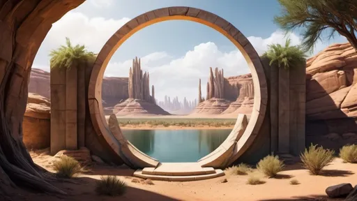 Prompt: circular portal, gateway between desert world and forest lake world, ring, ring standing on edge, freestanding ring, complete ring, desert in foreground, forest inside gateway, panoramic view