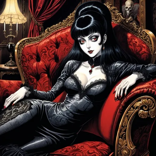 Prompt: Junji Ito manga style, Elvira Mistress of the Dark lying on her side on a Chaise Lounge with Lionel Atwill next her), baroque style, dark color scheme, elegantly gothic attire, intricate details, dim lighting, dramatic shadows, opulent background, luxurious textures, ornate furniture, deep reds and blacks, baroque patterns, solemn atmosphere, rich color tones, dark romanticism, ultra-detailed, 4K, photorealistic masterpiece, timeless elegance.