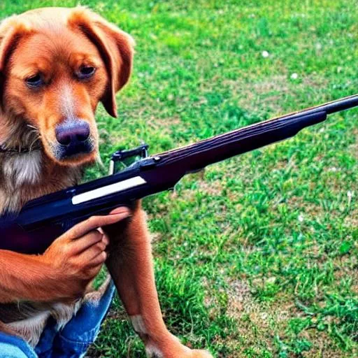 Prompt: Dog holding a shotgun 