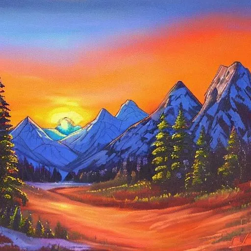 Prompt: bob ross style painting sunset over mountains