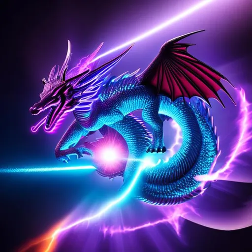 Prompt: purple flame god dragon shooting a blue laser beam from its mouth creating a crack in reality 