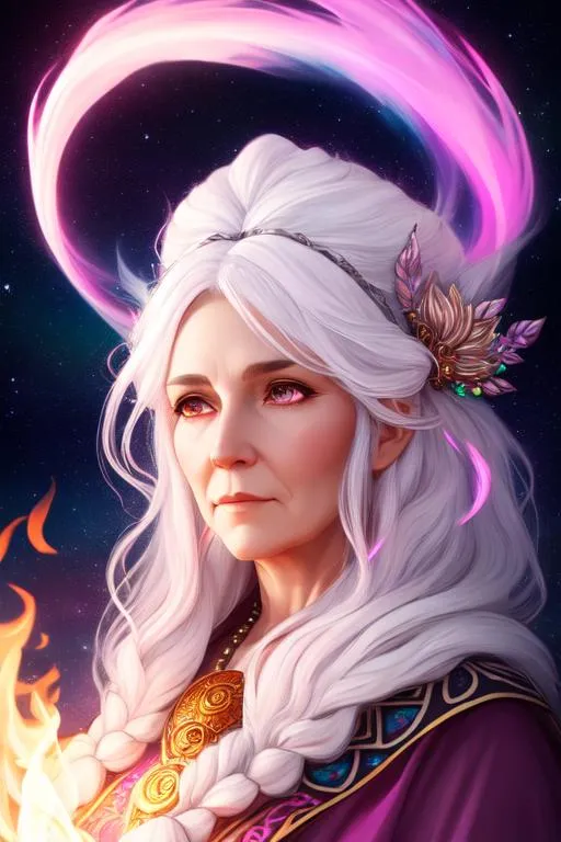 Prompt: Old female druid elder, beautiful white hair, boho style, pink accents, using fire magic, floating in space, perfect composition, trending on artstation