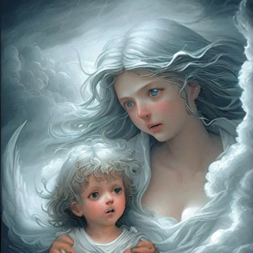 Prompt: protective guardian angel and child in a raging storm,closeup