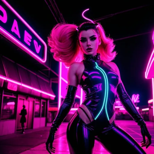 Prompt: a beautiful female demon in a dynamic pose in a retro futuristic synthwave cyberpunk neon paradise.  neon lighting, high quality, beautiful, synthwave, cyber, retro, futuristic