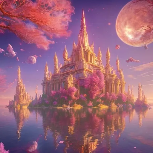Prompt: A breath taking view of the  temple of the dream realm floating in the sunny sky surrounded by pink and gold cosmic dust beautiful colourful fantasy 