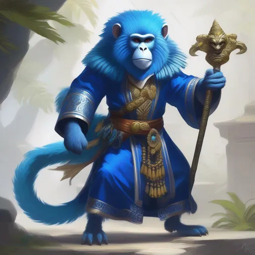 Prompt: A Blue Furred monkey warlock with a crocodile tail dragging behind them, 