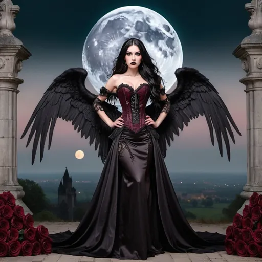 Prompt: A tall dark angel woman, with long black hair, brown eyes, black long wings, dressed with a black & bordeaux laces corset. She is adorned in an elegant black long gown with intricate lace details and stunning bordeaux roses. The background is a landscape with a goth castle, with big wolves, fullmoon, and black skulls on the ground. Full body photo.