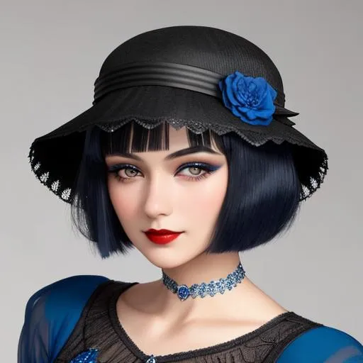 Prompt: a pretty girl  dressed in blue,  dark black hair, flapper, wearing a hat 1920's era, bob hair cut, 1920's era makeup, facial closeup