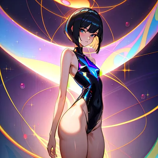 Prompt: a lonely AI boy, very tall, thick thighs, wide hips, long legs, slender arms, slender waist, (alluring big bubblebutt), big beautiful symmetrical eyes, intriguingly beautiful face, aloof expression, bob haircut with bangs, wearing delicate holographic lingerie, 12K resolution, hyper quality, hyper-detailed, hyper-realistic, hyper-professional