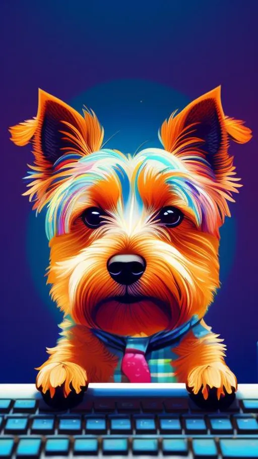Prompt:  (Australian terrier dog),
cartoon dog sitting in front of a computer screen with a cup of coffee, Intricate, Colorful, Highly detailed, Artstation, Concept art, Bright Lighting, fun and whimsical, Illustration, art by chiara vercesi and kate pempecki