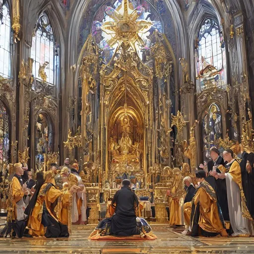 Prompt: At the bottom center,  catholic priest adoring a monstrance, ostensory, Eucaristhic, 

praying on his knees on a prie-dieu, kneeler

Above him, handsome 5 golden angels coming out from an altar with radiant wings defending against black demons

Pov from below the priest

smokes, ashes, realistic lightning somber, highly detailed, full body, soft lighting, ultra realistic, 8K, cinematic, unreal engine 6