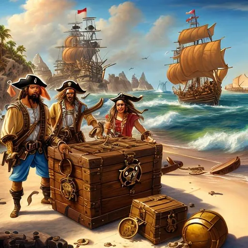 Prompt: A painting of Pirates standing around a treasure chest on a beach with a ship in the background