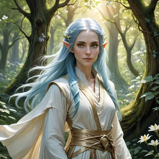 Prompt: Long blue hair, female high elf monk, wearing elegant white and gold robes that shimmer in soft sunlight, peaceful expression, serene ambiance, set against a mystical forest backdrop with delicate flowers, lush green foliage, and ethereal light filtering through the trees, ultra-detailed, high quality, fantasy-inspired scene with a calming mood of tranquility and grace.