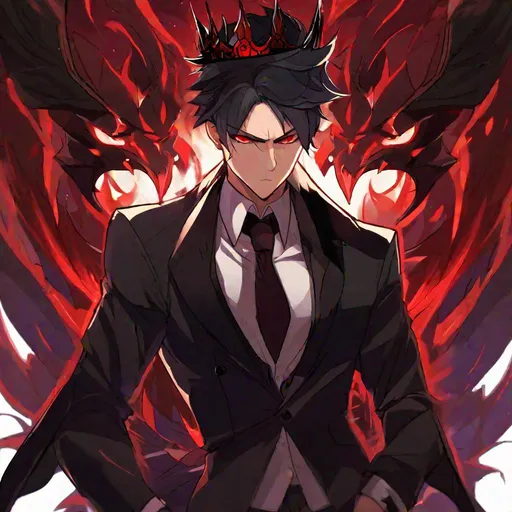 Prompt: Damien  (male, short black hair, red eyes) demon form, wearing a tuxedo, fighting, wearing a crown, angry look on his face
