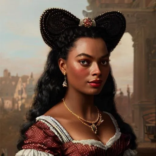 Prompt: masterpiece 18th century portrait of a dark skinned woman margot robbie as a early modern noble, dark skin, bavarian, detailed background, cute dirndl corset, detailed face, crimson accent, lifelike, photorealistic painting, sharp focus, dramatic lighting, depth of field, dark fantasy, elegant, beautiful, intricate details, matte, art by Jeremy Lipking and Michael Ancher and Gustave Moreau and Jan Matejko and Ivan Shishkin and Alfons Mucha and John Singer Sargent