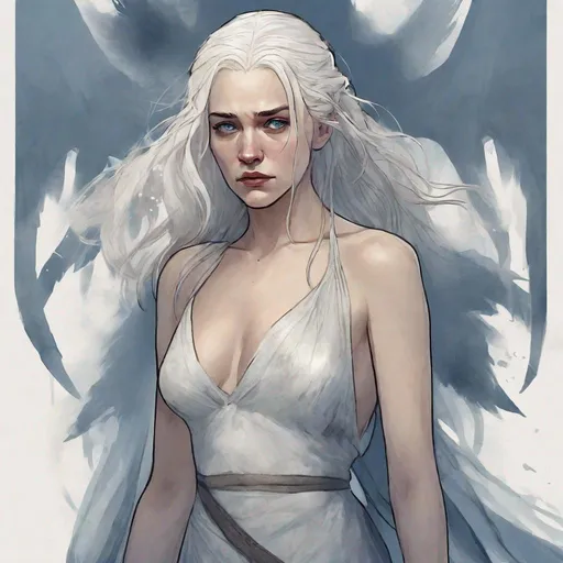 Prompt: Game of Thrones Female with shoulder-length white hair, No necklace, Lucious thicker lips, Intimidating blue eyes crying in anger, Member of House Arryn, wearing a translucent dress, dirty body