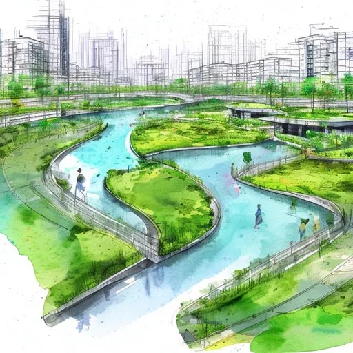 Prompt: economy education and ecology urban wetland park rivar canels urban concept diagram water color sketch
