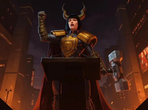 Prompt: In a harshly lit, futuristic cityscape, a formidable female devil stands tall, confidently with her shoulders wide, standing behind a large podium about to give a speech in a large plaza. Her arm is raised in the air and her fist is clenched in righteous indignation.  Her long, thin horns curling menacingly against the backdrop of harsh lights and towering concrete monoliths. Clad in an imposing judges' robe, she wears an intricate layer of sci-fi police armor reminiscent of Judge Dredd, with angular accents and a deep black and gold hue that reflects the city's harsh lights. Her frenzied gaze conveys authority and a hint of menace, as she weilds a large  powerful cybernetic hammer, poised to deliver judgment. The atmosphere crackles with dignity and authority, enhanced by flickering digital billboards. The scene is rendered in the bold, graphic style of a cyberpunk Soviet political poster, capturing the intricacies of power and rebellion.
