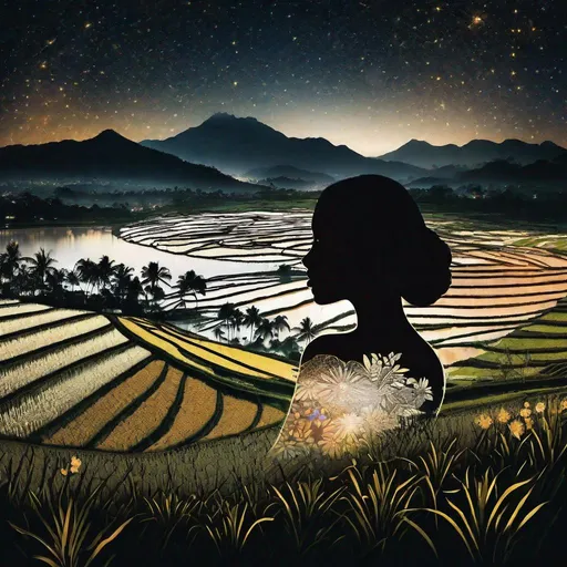 Prompt: double exposure photography, outlined silhouette of pretty young Indonesian woman, (25 year old, round face, high cheekbones, almond-shaped brown eyes, small delicate nose), stunning tropical landscape, (rice fields, tropical flowers, mountains), starry night, double exposure photography, ambient lighting, masterpiece, highly detailed