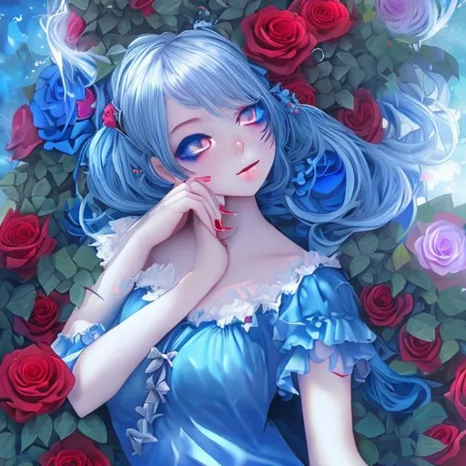 Prompt: Anime Girl wearing a blue dress with blue themed makeup laying in a big bush of red roses 🌹💙🧝🏻‍♀️