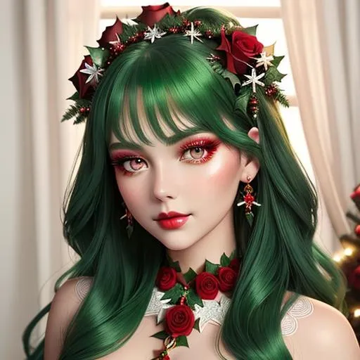 Prompt: Christmas fairy goddess,Beautiful and Gorgeous red roses in hair,  very light green eyes,pretty makeup, facial closeup