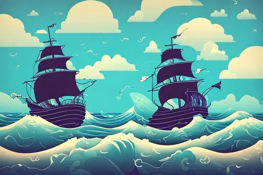 Prompt: a children's book cover with waves in different shades of blue and a dark silhouette pirate ship (the ship must be on the right hand side). clouds in the sky. whimsical feel. detailed waves.