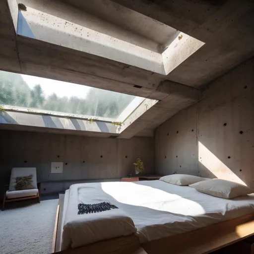 Prompt: cozy brutalist architecture bed room with lots of natural light coming from skylight

