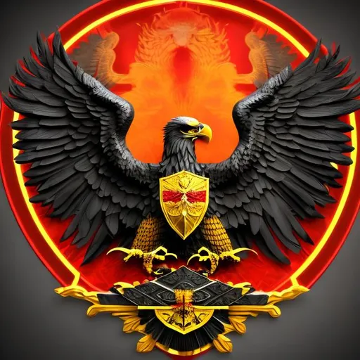 Prompt: Generate a magestic black eagle holding a shield under it with a red background with a yellow crown inside and a metalic surrounding