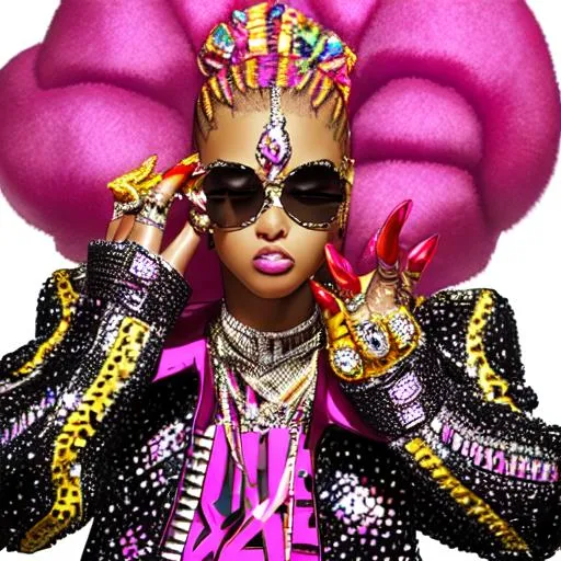 Prompt: In the early 2000s, hip-hop and pop music collided to create a new era of bling and extravagance. The music videos were bright, flashy, and full of over-the-top fashion. Imagine a photoshoot capturing the essence of the 2K7 aesthetic, featuring a female artist in their most extravagant bling, designer clothes, and sparkling jewelry. The set could be a luxurious mansion, a private jet, or a flashy nightclub, with neon lights and a heavy dose of glitter. The camera should capture every detail of the outfit, including the accessories, hairstyles, and makeup. The final product should scream "MC Bling" and transport the viewer back to a time of glitz and glamour in the music industry.