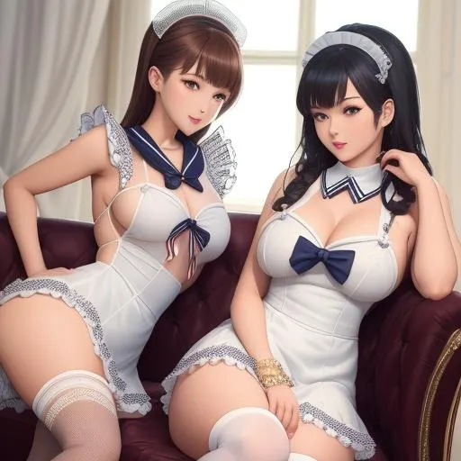 Prompt: masterpiece, detailed texture, unclothed skin, two beautiful ladies sitting with a seductive look, one is wearing sailor collar mesh lace bikini student uniforms and the other one is wearing transparent french maid-themed apron teddy dress, big chest, heart-shaped rounded buttocks, wet skin, model figure, body tanned glossy, hair up, looking sideways to the camera, detailed background, fantasy art, volumetric lighting, occlusion, Unreal Engine 5 128K UHD Octane, fBm, Digital art, glow effects, Hand drawn, 3d, render, 8k, octane render, cinema 4d, blender, dark, atmospheric 4k ultra detailed, cinematic sensual, Sharp focus, humorous illustration, big depth of field, Masterpiece, colors, 3d octane render, concept art, trending on artstation, hyperrealistic, Vivid colors, modelshoot style, (extremely detailed CG unity 8k wallpaper), trending on ArtStation, trending on CGSociety, Intricate, High Detail, Sharp focus, dramatic, 16k, UHD, HDR10,((Masterpiece)), Absurdres, Vivid colors, 16k, UHD, HDR10,(Masterpiece:1.5), Absurdres, (best quality:1.5)