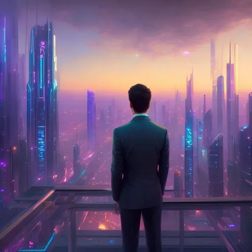Prompt: A billionaire CEO standing in his skyscraper office looking out the window over a neon-futuristic city, purple and blue color scheme, neon, lights,  highly detailed, digital painting, artstation, concept art, smooth, sharp focus, illustration, art by gaston bussiere and alphonse mucha  