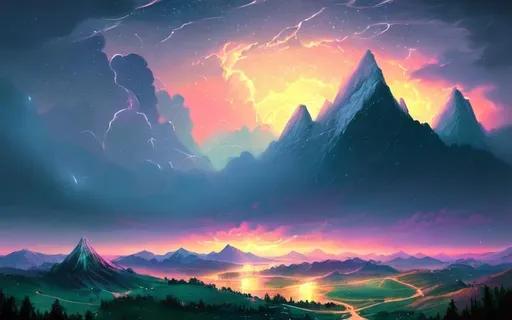 Prompt: aesthetic, pastel, beautiful, painting, cute, soft, art, RPG, highres, illustration, sunset, stars, mountains, wonderland,moon, storm clouds and rain 