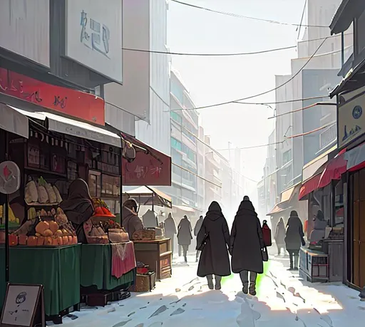 Prompt: Old street in winter day with some people walking and vendors