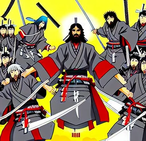 Prompt: Anime war scene graphic High detail Samurai warrior crusaders with Jesus Christ as depicted in the book of  revaltion coming out of heaven one side is the gathering of The chosen to ride victory against the enemy Satan and his fallen cyberpunk ninjas on the opposite side 