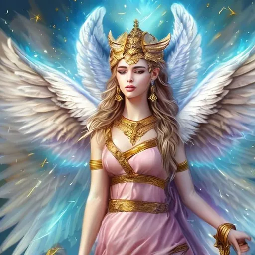 Prompt: Realistic Very majestic Greek like cat goddess with epic majestic wings, gold pink and blue