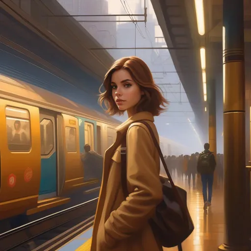 Prompt: Third person, gameplay, Brazilian girl, pale skin, light brown hair, brown eyes, 2020s, smartphone, São Paulo subway station, foggy, golden atmosphere, cartoony style, extremely detailed painting by Greg Rutkowski and by Henry Justice Ford and by Steve Henderson 