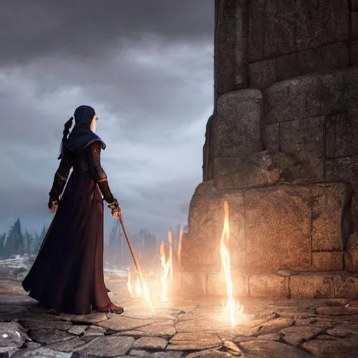 Prompt: woman warlock casting spell. summoning spell. hands glowing magic. Wearing gray pants, pants,, leggings, black cloak, boots, and gray pants. standing on the ground. European sorceress with dark hair. Witcher, Final fantasy. young woman with determined facial expression. photorealistic character art. modest clothing. cg artwork, guweiz. greg rutkowski, Peter Mohrbacher. Highly detailed dark fantasy background. crumbling village, buildings. 8k, stock photography, video game, 