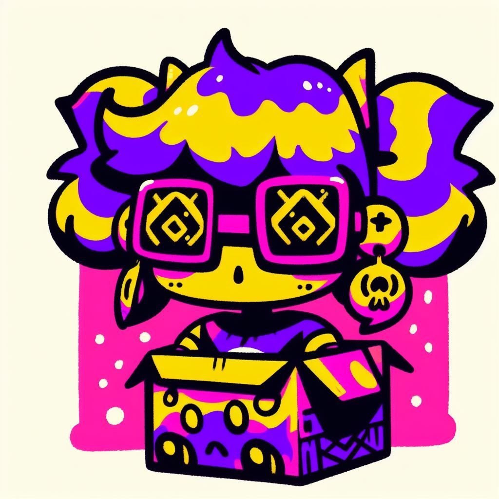 Prompt: cartoon girl with glasses in the shape of a box, in the style of cryptic psychedelia, bold color blocks, animated gifs, yellow and purple, bold, cartoonish lines, masks and totems, kidcore
