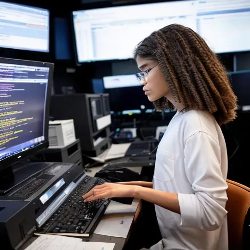 Prompt: wide shot of zendaya playing computer programmer at bitcoin exchange wearing business causal coding in front of computer 