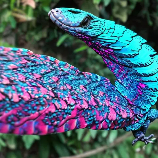 Prompt: neon blue scaly talon long neck wing pink belly  