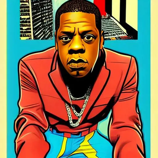 Retro comic style artwork, highly detailed Jay-Z, co...