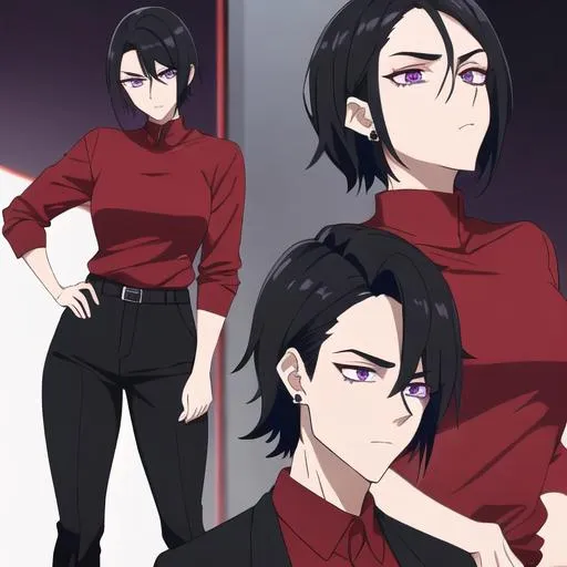 Prompt: Male young adult, 19, (Short black hair falling between the eyes, sharp and tired purple eyes, and a feminine body), red shirt untucked, black pants, sloppily dressed,  Black piercings, highly detailed face, 8K, Insane detail, best quality, UHD, highschooler, handsome, flirty, 